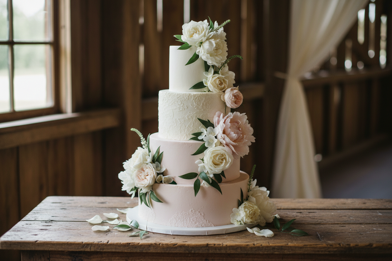 Tarta boda cuatro pisos flores naturales