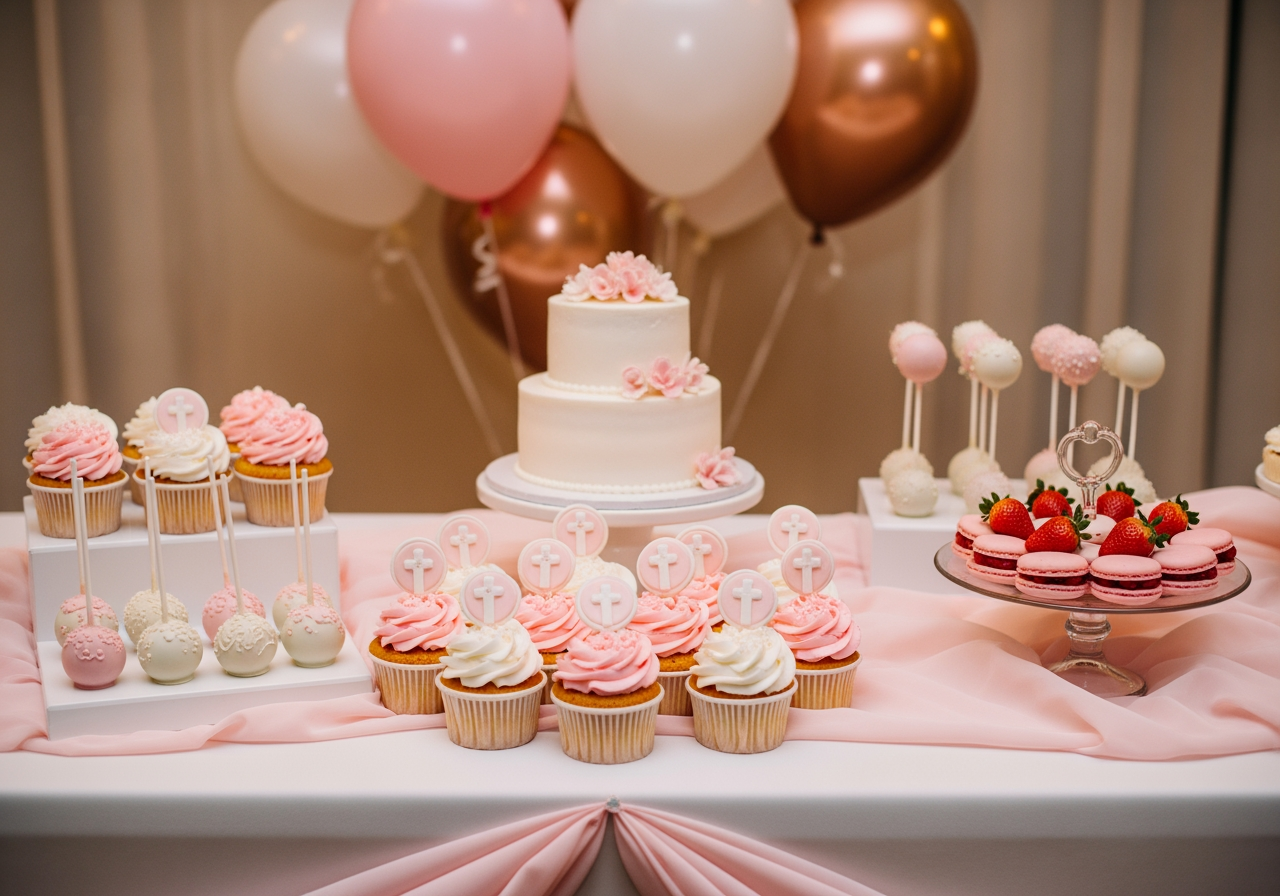 Mesa dulce bautizo niña rosa